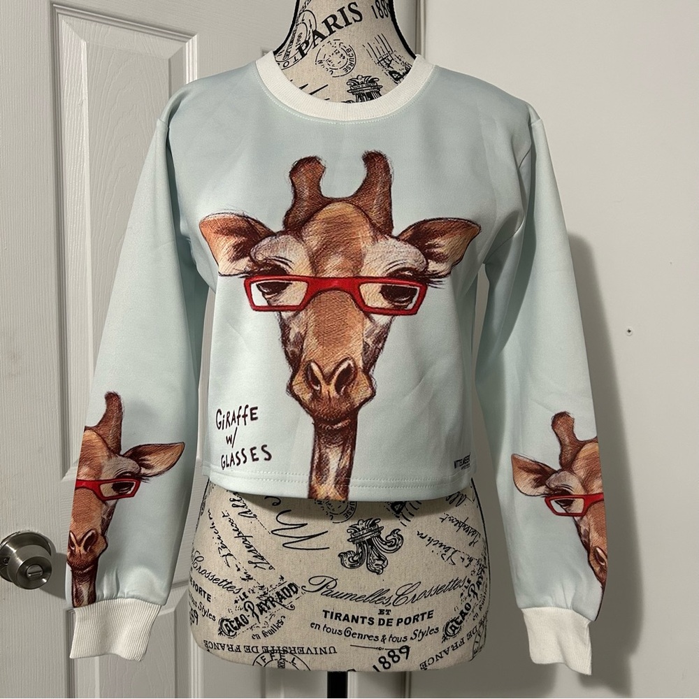 Giraffe Print Sweatshirt with Red Glasses